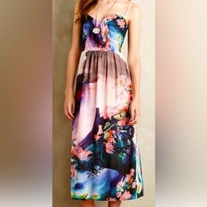 Anthropologie Floral Print Midi Dress in Pink, Blue & Black